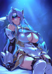 Rule 34 | 1girl, android, blue hair, breasts, cleavage, cleavage cutout, clothing cutout, highres, kos-mos, kos-mos ver. 4, large breasts, long hair, negresco, red eyes, solo, thighhighs, xenosaga