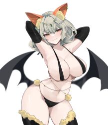 Rule 34 | 1girl, animal ear fluff, animal ears, arm warmers, armpits, arms behind head, arms up, bare shoulders, bat ears, bat wings, bikini, black bikini, black thighhighs, blurry, breasts, cleavage, closed mouth, commission, contrapposto, cowboy shot, fur trim, grey hair, hair ornament, highres, large breasts, low wings, mindoll, navel, original, red eyes, short hair, simple background, skindentation, smile, smirk, solo, standing, stomach, string bikini, swimsuit, thighhighs, thighs, v-shaped eyebrows, white background, wings