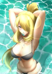 Rule 34 | 1girl, absurdres, armpit crease, armpits, arms behind head, arms up, bad id, bad pixiv id, bikini, black bikini, blonde hair, blue eyes, breasts, cleavage, closed mouth, collarbone, cowboy shot, creatures (company), cynthia (pokemon), fat rolls, from above, game freak, hair over one eye, hair tie, hair tie in mouth, hiby, highres, huge filesize, jewelry, large breasts, lens flare, long hair, looking at viewer, mouth hold, muffin top, navel, nintendo, nose, partially submerged, pendant, pokemon, pokemon dppt, shiny skin, skindentation, solo, standing, stomach, strap gap, swimsuit, twitter username, tying hair, very long hair, water, wet