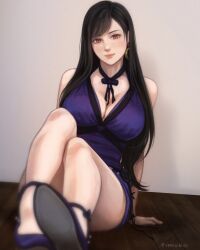 Rule 34 | 1girl, arm support, artist name, black hair, breasts, choker, crescent, crescent earrings, dress, earrings, final fantasy, final fantasy vii, final fantasy vii remake, hanaflans, high heels, highres, jewelry, large breasts, long hair, looking at viewer, official alternate costume, purple dress, purple footwear, ribbon choker, short dress, sitting, solo, thighs, tifa lockhart, tifa lockhart (refined dress)