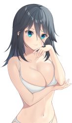 Rule 34 | 1girl, :t, absurdres, bare arms, bare shoulders, bikini, black hair, blue eyes, bra, breast hold, breasts, cleavage, closed mouth, collarbone, commentary, english commentary, hair between eyes, head rest, highres, large breasts, long hair, looking at viewer, navel, original, panties, rynzfrancis, simple background, solo, stomach, swimsuit, twitter username, underwear, underwear only, upper body, white background, white bikini, white bra, white panties