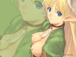 Rule 34 | 1girl, blonde hair, blue eyes, breasts, breasts out, bustier, choker, cleavage, collar, dated, elwing, feathers, from side, front-tie top, green background, hairband, head wings, jacket, large breasts, long hair, looking at viewer, looking back, nipples, no bra, nude, nude filter, open clothes, open jacket, parted bangs, parted lips, pointy ears, puffy nipples, puffy sleeves, ribbon, sega, shining (series), shining tears, solo, third-party edit, tony taka, underbust, upper body, very long hair, wings, zoom layer