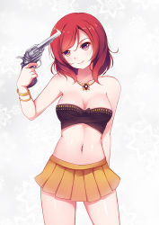 Rule 34 | 10s, 1girl, bandeau, bare shoulders, bracelet, breasts, cleavage, collarbone, derivative work, dream trigger, euforia, finger on trigger, gun, gun to head, head tilt, holding, holding gun, holding weapon, jewelry, looking at viewer, love live!, love live! school idol project, navel, nishikino maki, photo-referenced, pile (voice actor), purple eyes, red hair, short hair, skirt, smile, solo, strapless, tube top, voice actor connection, weapon
