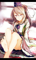 Rule 34 | 1girl, arm support, barefoot, blue eyes, blush, feet, grey eyes, hat, japanese clothes, kariginu, letterboxed, long sleeves, looking at viewer, mononobe no futo, nakaichi (ridil), panties, pantyshot, pom pom (clothes), ponytail, ribbon, short hair, silver hair, sitting, skirt, soles, solo, tate eboshi, toes, touhou, underwear, wide sleeves