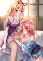 Rule 34 | 2girls, absurdres, baozishark, bed sheet, blonde hair, blush, censored, fellatio, futa with female, futanari, gloves, hair ribbon, hand on another&#039;s head, highres, large penis, long hair, multiple girls, newhalf, on bed, open mouth, oral, panties, penis, pink eyes, pink hair, red ribbon, ribbon, saigyouji yuyuko, short hair, spread legs, touhou, underwear, very long hair, white gloves, white panties, yakumo yukari