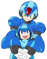 Rule 34 | 2boys, android, blue eyes, blush, commentary request, green eyes, helmet, hug, hug from behind, looking down, looking up, male focus, mega man (character), mega man (classic), mega man (series), mega man x (series), multiple boys, robot, simple background, white background, x (mega man), yuriyuri (ccc)