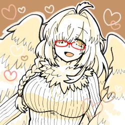 Rule 34 | 1girl, ahoge, bad id, bad pixiv id, blush, braid, breasts, commentary request, feathered wings, feathers, glasses, hair intakes, hair over one eye, harpy, heart, highres, icenekomura, jewelry, large breasts, long hair, monster girl, neck fur, neck ruff, necklace, one eye covered, open mouth, red-framed eyewear, solo, tokyo houkago summoners, white feathers, wings, ziz (housamo)