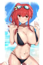 Rule 34 | 1girl, absurdres, ahoge, alternate costume, areola slip, azur lane, barefoot, bikini, black bikini, blue sky, blush, breasts, brown eyes, cleavage, closed mouth, collarbone, day, goggles, goggles on head, groin, hair between eyes, hair ornament, hands up, highres, large breasts, lifting own clothes, long hair, looking at viewer, mattyazuki, multi-strapped bikini, nail polish, navel, o-ring, o-ring bikini, ocean, outdoors, pink nails, red hair, shiny skin, side ponytail, sky, smile, solo, sparkle, strap lift, swimsuit, thighs, water, wet, wet hair, zara (azur lane), zara (poolside coincidence) (azur lane)