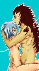Rule 34 | 1boy, 1girl, black hair, blue hair, breasts, couple, closed eyes, fairy tail, gajeel redfox, hetero, highres, hug, levy mcgarden, long hair, nude, piercing, sex, small breasts, spiked hair, straddling, sweat, thighs, upright straddle, vaginal