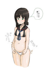 Rule 34 | ..., 1girl, ^^^, bare arms, bare shoulders, belly, black bra, black hair, blue ribbon, blush, body blush, bra, breasts, breasts apart, closed mouth, cropped legs, detached collar, frown, fubuki (kancolle), green eyes, highres, kantai collection, konoshige (ryuun), looking down, low ponytail, navel, panties, plump, ribbon, sailor collar, shiny skin, sidelocks, simple background, skindentation, small breasts, stomach, thighs, thought bubble, translation request, underwear, underwear only, weight conscious, white background, white panties