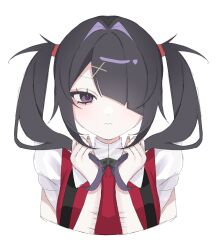 Rule 34 | 1girl, ame-chan (needy girl overdose), black hair, black ribbon, closed mouth, collared shirt, commentary request, cropped torso, hair ornament, hair over one eye, hands up, highres, holding, holding own hair, long hair, looking at viewer, neck ribbon, needy girl overdose, nemuri (nemuri 711), purple eyes, red shirt, ribbon, self-harm scar, shirt, simple background, solo, suspenders, twintails, upper body, white background, x hair ornament