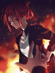 Rule 34 | 1girl, 1other, black background, black jacket, black shirt, blurry, blurry background, blurry foreground, brown eyes, brown skirt, closed mouth, commentary request, dutch angle, embers, fiery background, fire, fire, folded ponytail, gradient background, hair behind ear, hand on own hip, highres, jacket, kagerou project, kido rin, long sleeves, looking away, looking to the side, mokemoke chan, multicolored background, open clothes, open jacket, orange background, out of frame, parted hair, reaching, red background, red hair, red stripes, shirt, sidelocks, single stripe, skirt, sleeves past elbows, smile, solo focus, sparks, two-tone shirt, upper body, white background, white shirt, yellow background