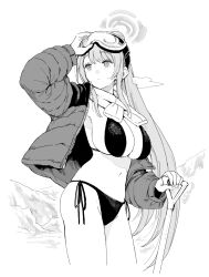 Rule 34 | 1girl, bikini, blue archive, breasts, closed mouth, commentary request, eimi (blue archive), eimi (swimsuit) (blue archive), goggles, goggles on head, greyscale, hiro (chumo), holding, holding shovel, jacket, large breasts, long hair, long sleeves, looking to the side, monochrome, navel, official alternate costume, open clothes, open jacket, ponytail, shovel, side-tie bikini bottom, ski goggles, solo, swimsuit, very long hair