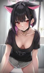 Rule 34 | 1girl, alternate costume, animal ears, black choker, black hair, black shirt, blue archive, blush, breasts, cat ears, choker, cleavage, collarbone, commentary, couch, curtains, downblouse, extra ears, grey shorts, halo, highres, kazusa (blue archive), large breasts, looking at viewer, marisasu (marisa0904), medium breasts, multicolored hair, open mouth, pink hair, plant, purple eyes, purple hair, red eyes, shirt, short hair, short shorts, short sleeves, shorts, solo, two-tone hair, window