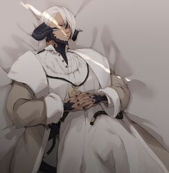 Rule 34 | 1boy, au ra, black nails, closed eyes, coat, final fantasy, final fantasy xiv, fingernails, from above, gg dal, grey coat, horns, interlocked fingers, jewelry, lying, male focus, nail polish, necklace, on back, on bed, own hands together, parted lips, short hair, sleeping, solo, warrior of light (ff14), white hair