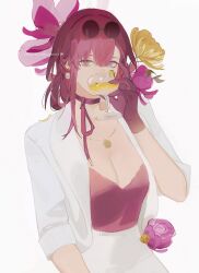 Rule 34 | 1girl, alternate costume, artist name, breasts, choker, collared jacket, commentary, covered mouth, cup, drink, drinking, earrings, english commentary, eyewear on head, floral background, flower, food, fruit, glass, gloves, hair between eyes, hand up, highres, holding, holding cup, honkai: star rail, honkai (series), jacket, jewelry, kafka (honkai: star rail), lanhacy, large breasts, lemon, lemon slice, long sleeves, looking at viewer, necklace, open clothes, open jacket, pearl earrings, pink eyes, pink flower, purple choker, purple flower, purple gloves, purple hair, purple tank top, ring, round eyewear, short hair, short hair with long locks, sidelocks, skirt, solo, sunglasses, tank top, white background, white jacket, white skirt, yellow flower