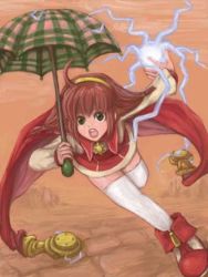 Rule 34 | 1girl, ahoge, artist request, blush, brown hair, cape, coat, green eyes, hair ornament, hairband, hexagram, lilka eleniak, long hair, low-tied long hair, lowres, open mouth, sidelocks, skirt, smile, solo, source request, thighhighs, twintails, umbrella, white thighhighs, wild arms, wild arms 2, zettai ryouiki