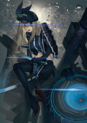 Rule 34 | 1girl, abyssal ship, armor, black footwear, black gloves, black hat, black pantyhose, black vest, blue eyes, broken, broken sword, broken weapon, buttons, dark persona, dual wielding, elbow gloves, feathers, full body, gloves, hat, headphones, headphones around neck, highres, holding, katana, lens flare, lexington (warship girls r), liyou-ryon, long hair, looking at viewer, machinery, midriff, one eye covered, open mouth, pantyhose, pelvic curtain, rudder footwear, shoes, shoulder armor, silver hair, solo, sword, thigh strap, vest, warship girls r, weapon