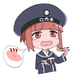 Rule 34 | 1girl, black jacket, black sailor collar, blush, bob cut, bowl, chibi, chopsticks, dot nose, holding, holding chopsticks, inverted bob, jacket, kantai collection, long sleeves, looking at viewer, luicent, open mouth, red eyes, red hair, sailor collar, school uniform, serafuku, short hair, simple background, solo, tears, white background, z3 max schultz (kancolle)