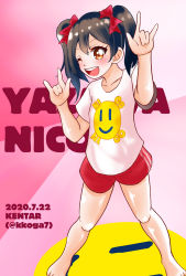 Rule 34 | 1girl, artist name, artist request, bare legs, black hair, blush, bow, collarbone, feet, female focus, full body, hair bow, highres, kkoga7, looking at viewer, love live!, love live! school idol project, nico nico nii, one eye closed, parted lips, red bow, red eyes, red shorts, shirt, short hair, short shorts, shorts, smile, solo, twintails, white shirt, yazawa nico