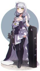 Rule 34 | 1girl, assault rifle, bare shoulders, black thighhighs, breasts, case, choker, chromatic aberration, cleavage, facial mark, flower, formal, girls&#039; frontline, gloves, gun, h&amp;k hk416, hair ornament, hairband, highres, hk416 (girls&#039; frontline), hk416 (starry cocoon) (girls&#039; frontline), kuro kosyou, long hair, marble (stone), medium breasts, official alternate costume, rifle, silver hair, solo, teardrop, thighhighs, weapon, yellow eyes
