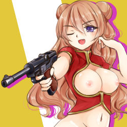 Rule 34 | 1girl, ;d, adjusting hair, aiming, bad id, bad pixiv id, blush, bottomless, breastless clothes, breasts, breasts out, brown hair, chinese clothes, double bun, fang, fangs, finger on trigger, groin, gun, hair between eyes, hair bun, handgun, holding, holding weapon, large breasts, long hair, luger p08, natsu (natume0504), navel, nipples, no bra, one eye closed, open mouth, original, out-of-frame censoring, outstretched arm, pistol, purple eyes, shadow, short sleeves, smile, solo, turtleneck, upper body, very long hair, wavy hair, weapon, wink
