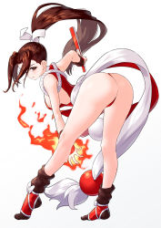 Rule 34 | 1girl, ass, bare shoulders, bent over, blush, breasts, brown eyes, brown hair, fatal fury, fire, folded fan, folding fan, from behind, hair ornament, hand fan, highres, leaning, leaning forward, long hair, looking at viewer, ninja, ponytail, revealing clothes, shiny skin, shiranui mai, sideboob, simple background, smile, snk, solo, the king of fighters, thighs, thong, very long hair, white background, yagi2013