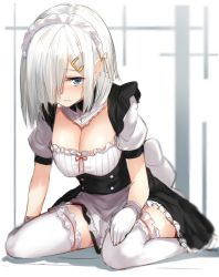 Rule 34 | 10s, 1girl, alternate costume, apron, blue eyes, blush, breasts, buttons, cleavage, enmaided, frills, gloves, hair ornament, hair over one eye, hairclip, hamakaze (kancolle), isshiki (ffmania7), kantai collection, large breasts, looking at viewer, maid, maid apron, maid headdress, short hair, short sleeves, silver hair, sitting, solo, thighhighs, wariza, white gloves, white thighhighs