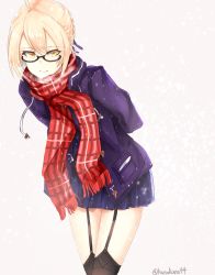 Rule 34 | 1girl, ahoge, arms behind back, artoria pendragon (fate), black-framed eyewear, black thighhighs, blonde hair, blue skirt, coat, fate/grand order, fate (series), garter straps, glasses, grey background, hair ribbon, highres, kano (kanokano44), leaning forward, long sleeves, looking at viewer, miniskirt, mysterious heroine x alter (fate), mysterious heroine x alter (first ascension) (fate), pleated skirt, purple coat, purple ribbon, red scarf, ribbon, scarf, skirt, smile, solo, thighhighs, yellow eyes