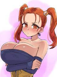 Rule 34 | 1girl, bare shoulders, blush, breasts, brown eyes, brown hair, cleavage, closed mouth, dragon quest, dragon quest viii, dress, earrings, highres, jessica albert, jewelry, large breasts, long hair, looking at viewer, musasi1218, off shoulder, purple shirt, shirt, simple background, solo, strapless, twintails