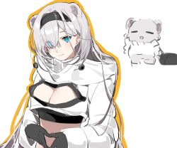 Rule 34 | 1girl, animal ears, arknights, aurora (arknights), bear ears, black gloves, black hairband, black shirt, blue eyes, breasts, cleavage, commentary request, crop top, cropped jacket, eyes visible through hair, gloves, hair over one eye, hairband, highres, jacket, joshua (shisanli934), long hair, long sleeves, looking at viewer, midriff, outline, shirt, silver hair, simple background, smile, solo, stomach, upper body, white background, white jacket