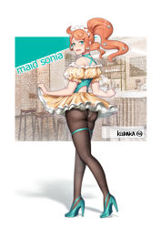 Rule 34 | 1girl, ahoge, alternate costume, aqua eyes, aqua footwear, artist name, ass, bad id, bad pixiv id, bare shoulders, black pantyhose, blush, breasts, character name, commentary, creatures (company), embarrassed, english commentary, english text, enmaided, frilled sleeves, frills, from behind, game freak, hair ornament, heart, heart hair ornament, high heels, highres, kuraka, large breasts, layered skirt, long hair, looking at viewer, looking back, maid, maid headdress, microskirt, nintendo, off shoulder, open mouth, orange hair, outside border, panties, pantyhose, pantyshot, petticoat, pokemon, pokemon swsh, ponytail, skirt, solo, sonia (pokemon), standing, swept bangs, thigh strap, underwear, upskirt, wavy mouth, white panties