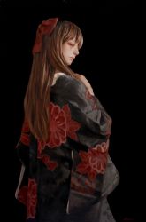 Rule 34 | 1girl, black background, black kimono, bow, brown eyes, brown hair, cowboy shot, expressionless, floral print, from behind, hair bow, hand on own chest, highres, imai takahiro, japanese clothes, kimono, long hair, looking back, oil painting (medium), original, painting (medium), solo, traditional media