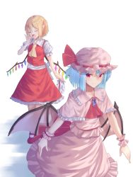 Rule 34 | 2girls, absurdres, arm up, ascot, bat wings, blonde hair, blue gemstone, blue hair, blush, brooch, capelet, closed mouth, commentary request, crystal, doitsuudon, dress, flandre scarlet, frilled capelet, frills, gem, hat, highres, jewelry, light blue hair, looking at viewer, mary janes, mob cap, multiple girls, one side up, pink capelet, pink dress, puffy short sleeves, puffy sleeves, red ascot, red eyes, red footwear, remilia scarlet, shoes, short hair, short sleeves, siblings, sisters, smile, touhou, walking, white background, wings, wrist cuffs, yawning