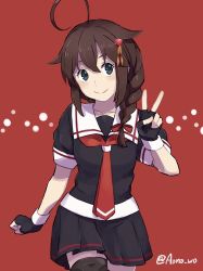 Rule 34 | 1girl, ahoge, aono wo, bad id, bad pixiv id, black serafuku, blue eyes, braid, braided ponytail, brown hair, clenched hand, cowboy shot, hair between eyes, hair flaps, hair ornament, hair over shoulder, kantai collection, looking at viewer, necktie, pleated skirt, red background, red necktie, school uniform, serafuku, shigure (kancolle), shigure kai ni (kancolle), single braid, skirt, smile, solo, v