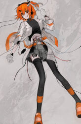 Rule 34 | 1girl, a.i. voice, abstract background, absurdres, adachi rei, android, asymmetrical sleeves, belt, belt pouch, black shirt, black thighhighs, cable, clothes lift, empty eyes, expressionless, gloves, grey background, grey shorts, hair ornament, hairclip, hand up, hashtag-only commentary, headlamp, headset, highres, hole in stomach, jacket, joints, long legs, long sleeves, looking at viewer, mechanical parts, off shoulder, one side up, open clothes, open jacket, orange belt, orange eyes, orange footwear, orange hair, overskirt, pouch, radio antenna, ran (v17071107), robot joints, shirt, shirt lift, shoes, short shorts, shorts, sleeve rolled up, sleeveless, sleeveless shirt, sneakers, solo, stomach, thighhighs, turtleneck, turtleneck shirt, uneven sleeves, utau, white gloves, white jacket