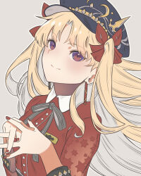 Rule 34 | 1girl, alternate costume, black bow, black bowtie, black hat, blonde hair, blush, bow, bowtie, cabbie hat, collar, crescent moon, earrings, ereshkigal (fate), ereshkigal (under the same sky) (fate), fate/grand order, fate (series), grey background, hair ribbon, hat, highres, jewelry, long hair, moon, official alternate costume, own hands together, red eyes, red nails, red ribbon, red shirt, ribbon, shirt, simple background, smile, solo, star (symbol), star print, taku hanamiyap, very long hair, white collar