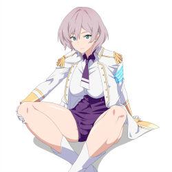 Rule 34 | 1girl, arm support, blue eyes, breasts, collar, corset, epaulettes, gloves, grey hair, gridman universe, highres, jacket, large breasts, looking at viewer, military jacket, mujina, necktie, purple collar, purple corset, purple necktie, purple shorts, short hair, short necktie, shorts, simple background, sitting, solo, ssss.dynazenon, thighs, underbust, white background, white gloves, white jacket, yoshida keiji