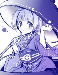 Rule 34 | 1girl, :/, blush, bowl, bowl hat, closed mouth, efukei, hands up, hat, highres, holding, holding needle, japanese clothes, kimono, looking at viewer, monochrome, needle, short hair, simple background, solo, sukuna shinmyoumaru, touhou