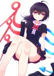 Rule 34 | 1girl, asymmetrical wings, barefoot, black dress, black hair, black sleeves, black thighhighs, blush, bow, bowtie, breasts, crossed legs, dress, eyes visible through hair, hair between eyes, hand up, highres, houjuu nue, looking at viewer, medium breasts, medium hair, open mouth, pink eyes, red bow, red bowtie, short sleeves, simple background, sitting, solo, thighhighs, unworn thighhighs, tomoe (fdhs5855), touhou, white background, wings, wristband