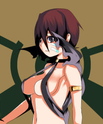 Rule 34 | 1girl, armlet, breasts, brown background, brown hair, cape, cleavage, fantasy, johnny funamushi, machinery, original, purple eyes, revealing clothes, short hair, simple background, solo, tattoo, upper body