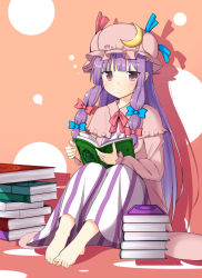 Rule 34 | 1girl, barefoot, book, book stack, boushi (nandemo), capelet, coat, crescent, dress, feet, hair ribbon, hat, highres, long hair, long sleeves, looking at viewer, mob cap, nandemo118, open clothes, open coat, patchouli knowledge, pink eyes, purple dress, purple hair, ribbon, sitting, solo, striped clothes, striped dress, touhou, tress ribbon, very long hair
