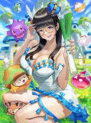 Rule 34 | 1girl, adjusting eyewear, animification, black hair, blue eyes, blue nails, breasts, character request, cleavage, cloud, deer, dress, feather hair ornament, feathers, floating island, food, glasses, hair behind ear, hair ornament, hand on eyewear, head tilt, highres, holding, holding food, holding vegetable, jimoninn (user 57120863), kinoko densetsu: yuusha to mahou no lamp, large breasts, looking at viewer, real life, round eyewear, shinonome umi, sitting, sky, slime (creature), smile, spring onion, vegetable, white dress