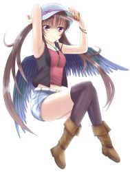 Rule 34 | 1girl, alternate costume, armpits, arms up, bad id, bad pixiv id, belt, bird wings, black thighhighs, black wings, boots, bracelet, breasts, brown hair, camisole, casual, cellphone, chemise, contemporary, full body, hat, highres, himekaidou hatate, jewelry, long hair, looking at viewer, necklace, open clothes, open vest, over-kneehighs, phone, pink eyes, short shorts, shorts, simple background, solo, strap slip, thighhighs, touhou, twintails, very long hair, vest, wendell, white background, wings