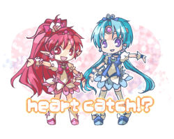 Rule 34 | 2girls, aqua hair, arara milk, banpresto, blue skirt, brooch, circlet, cosplay, crossover, cure blossom, cure blossom (cosplay), cure marine, cure marine (cosplay), earrings, haou taikei ryuu knight, heart, heart brooch, heartcatch precure!, jewelry, magical girl, multiple girls, ng knight lamune &amp; 40, paffy pafuricia, pointy ears, precure, purple eyes, red eyes, red hair, shirakawa (whitemist), skirt, standing, super robot wars, super robot wars neo, text focus, thighhighs, twintails