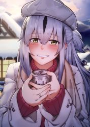 Rule 34 | 1girl, beer can, black hair, blush, can, coat, drink can, fate/grand order, fate (series), green eyes, hat, jewelry, kosumi, long hair, multicolored hair, nagao kagetora (fate), ring, smile, snow, solo, two-tone hair, white hair, winter clothes