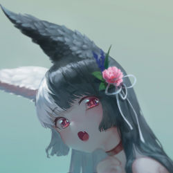Rule 34 | 1girl, :o, absurdres, ak4t, alice mana, alice mana channel, animal ear fluff, animal ears, bare shoulders, black hair, blunt bangs, choker, commentary request, fang, flower, fox ears, green background, hair flower, hair ornament, hair over shoulder, hair ribbon, highres, looking at viewer, multicolored hair, pink flower, red choker, red eyes, ribbon, sidelocks, solo, sparkling eyes, two-tone hair, upper body, virtual youtuber, white hair, white ribbon