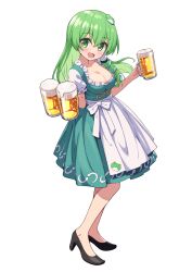 Rule 34 | 1girl, absurdres, alcohol, beer, beer mug, black footwear, blush, breasts, cleavage, collarbone, commentary request, cup, dirndl, dress, frog hair ornament, full body, german clothes, green dress, green eyes, green hair, hair between eyes, hair ornament, high heels, highres, hiyaya (kochi michikaze), holding, holding cup, kochiya sanae, large breasts, long hair, looking at viewer, mug, open mouth, short sleeves, smile, solo, touhou, transparent background
