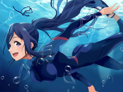 Rule 34 | 10s, 1girl, :d, air bubble, ass, beamed quavers, blue hair, bodysuit, breasts, bubble, diving suit, duu (derhnky9f4), floating hair, long hair, love live!, love live! school idol festival, love live! sunshine!!, matsuura kanan, musical note, open mouth, ponytail, purple eyes, quaver, smile, solo, swimming, treble clef, underwater, water, wetsuit