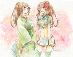 Rule 34 | 10s, 1girl, :d, amagi (kancolle), arms at sides, bare shoulders, breasts, brown eyes, brown hair, cleavage cutout, clothing cutout, crop top, dual persona, flower, furisode, hair between eyes, hair flower, hair ornament, japanese clothes, kantai collection, kimono, long hair, looking at viewer, midriff, miniskirt, mole, mole under eye, open mouth, ponytail, remodel (kantai collection), sachilko (motiko), skirt, smile, thighhighs, traditional media, v arms, wavy mouth